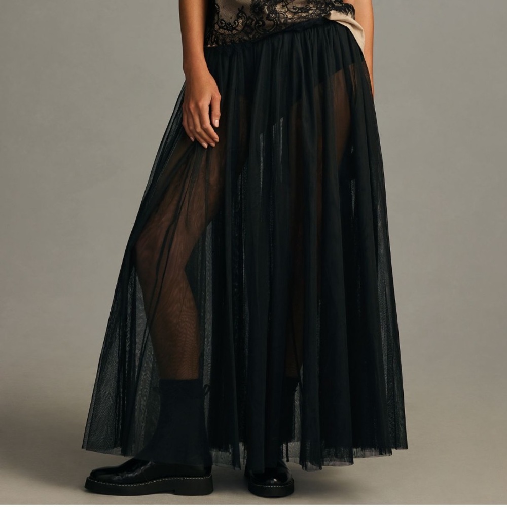 NWT Anthropologie Black A-Line Tulle Skirt /Sheer Tulle Maxi Skirt Size S